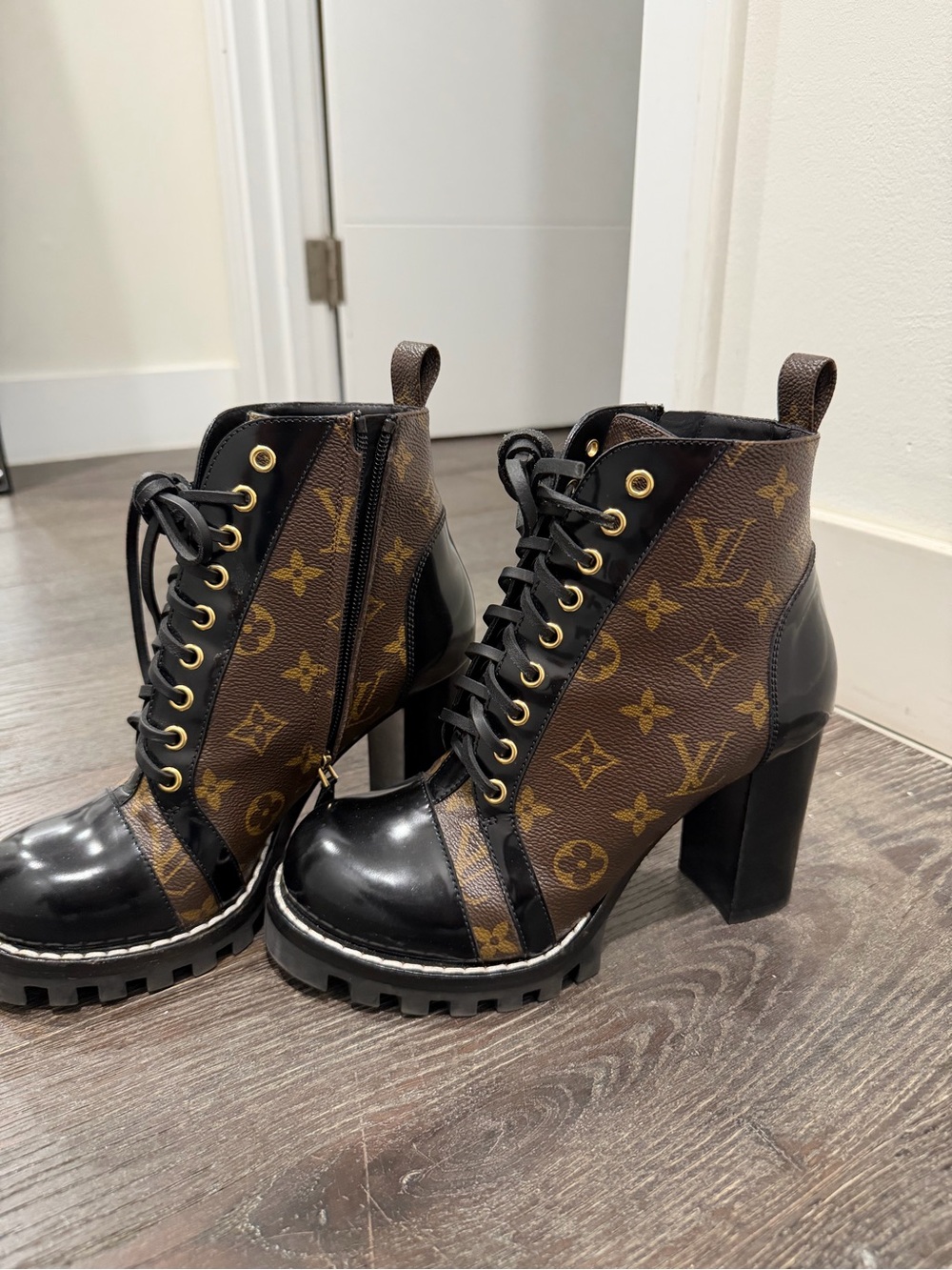 Louis Vuitton Brown Monogram Lace-Up Lug Heel Ankle Boots